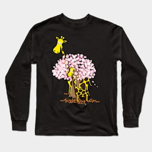 Mommy and baby giraffes under the cherry blossom tree Long Sleeve T-Shirt